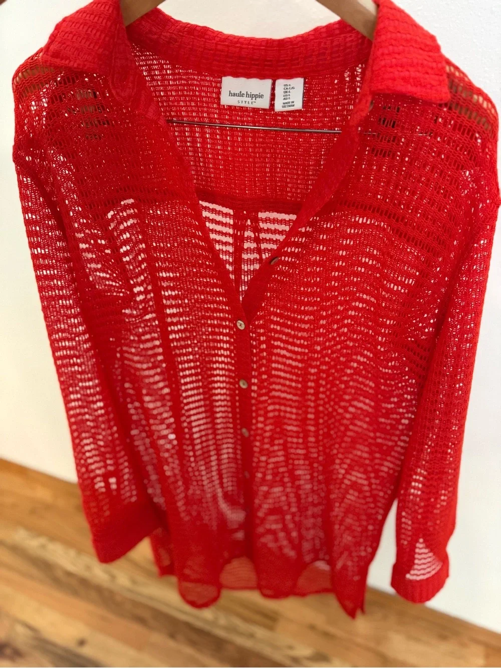 Haute Hippie Bright Red Open-Knit Button-Front Swim Coverup - Picture 4 of 5